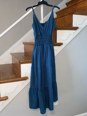 Blue Smocked-Waist Maxi Dress with Spaghetti Straps